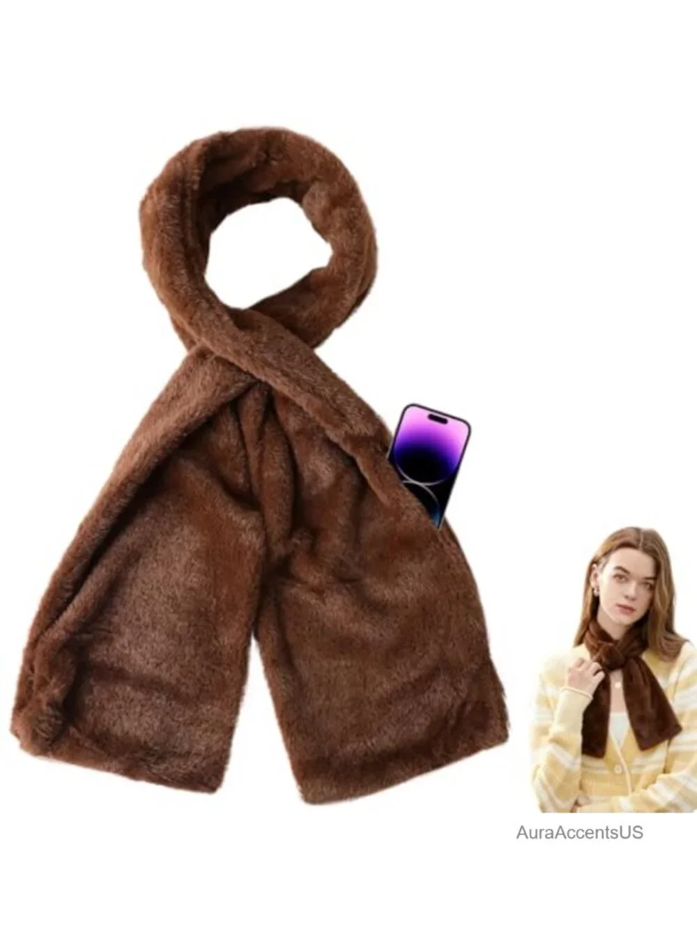 Faux-Fur Pull Through Scarf with Hidden Zipper Pocket, Cozy Neck Wrap for